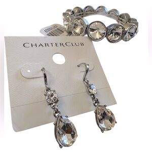 Charter Club Rhodium Clear Crystal Silver Tone Drop Earring Stretch Bracelet Set
